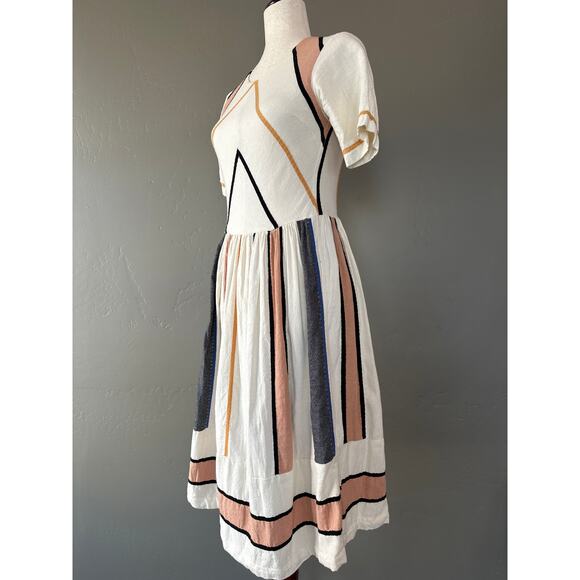 Piper & Scoot Cotton Midi Dress XS India Geometric Boho White Grey Peach - Picture 3 of 13